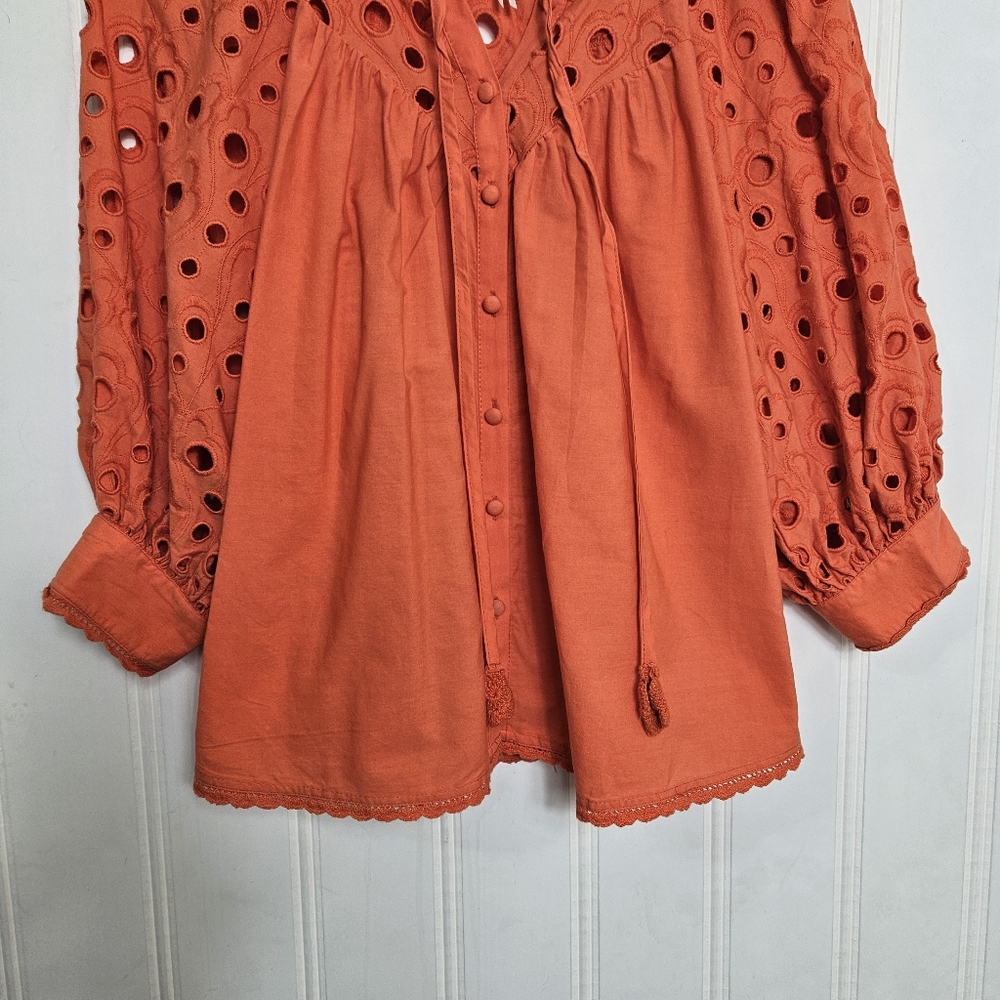 Anthropologie Orange Eyelet Peasant Blouse - Picture 4 of 16